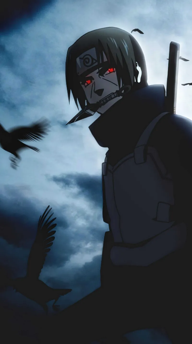 Hình nền Itachi ngầu đôi mắt Sharingan nổi bật, có thể hiện sự mạnh mẽ và quyền lực tuyệt đối