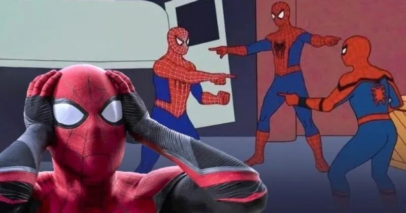 Bốn Spider-Man chỉ tay vào nhau, tạo nên một cảnh tượng cực kỳ hài hước.