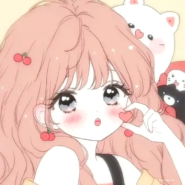 Cô gái anime tóc hồng dễ thương với trái tim và các nhân vật phụ