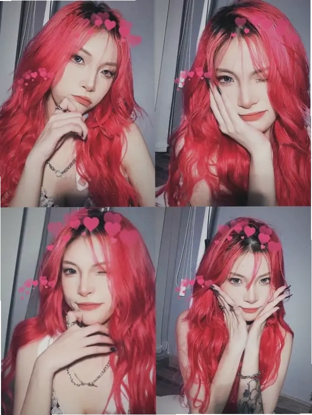 Cô gái tóc đỏ xoăn dài tạo dáng chụp ảnh avatar cute, một tay đặt gần cằm