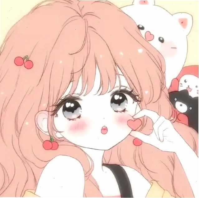 Hình ảnh cô gái anime tóc hồng giữ trái tim, có cherry trên tóc và bông tai