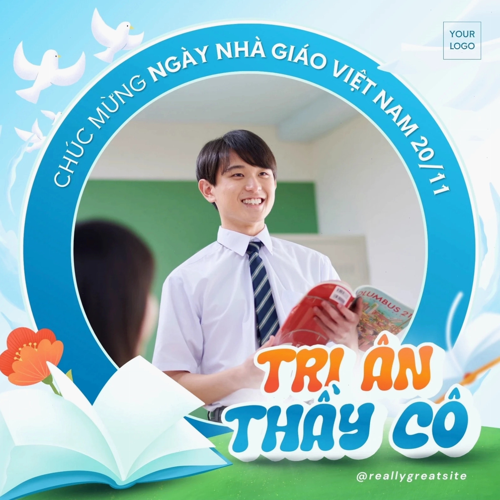 Khung Ảnh Đại Diện Facebook Chúc mừng Ngày Nhà Giáo Việt Nam Hiện Đại Trắng Xanh